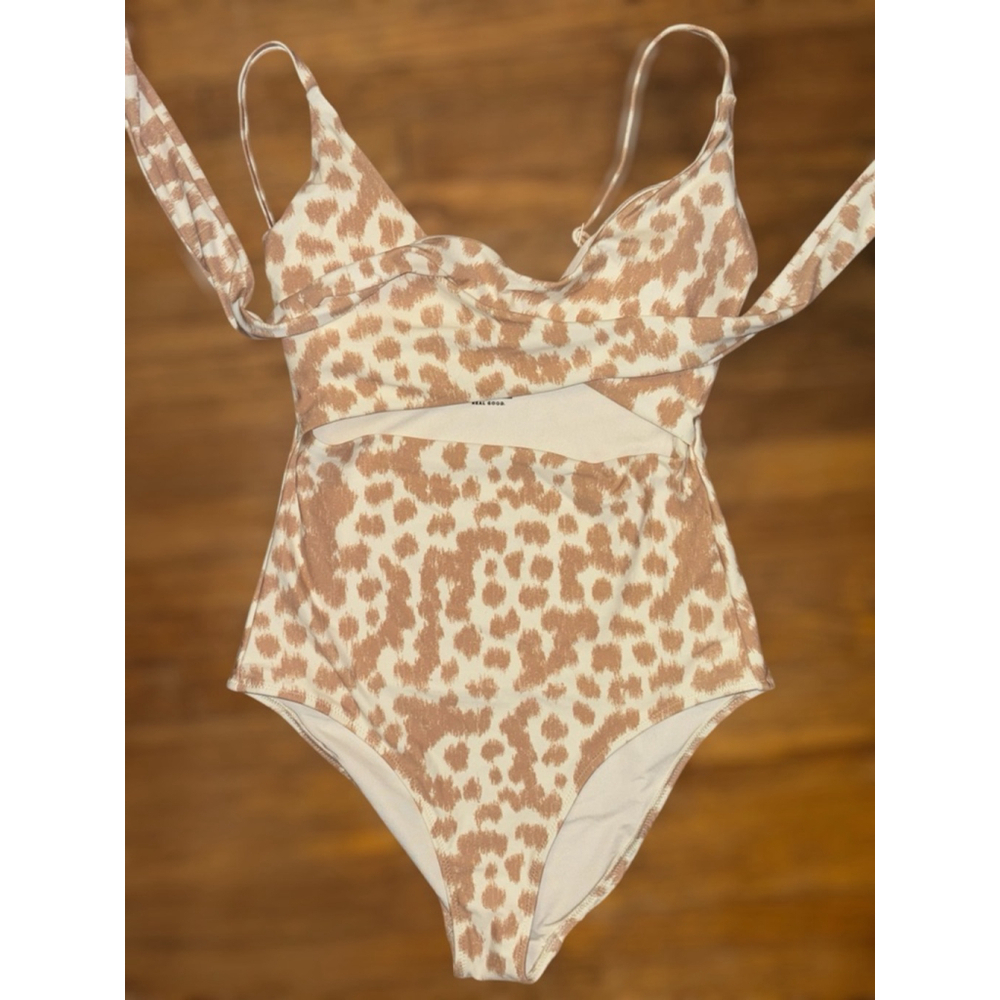 Aerie Women’s Size Small Cream Brown Animal Print Front Tie Cutout Wrap Swimsuit - Picture 2 of 12